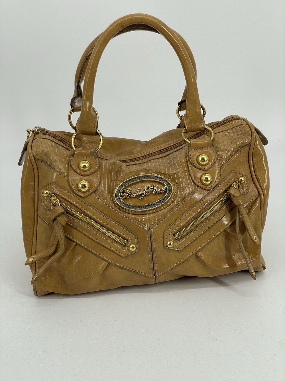 Baby Phat Y2K Tan Brown Moto Satchel Handbag Gold Cat Charm Logo Purse
